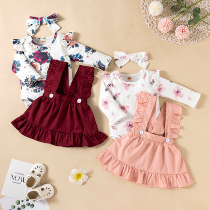 Printed Long-sleeved Baby Girl Romper Two-color Strap Ruffled Dress Headdress Three Pieces - D&A