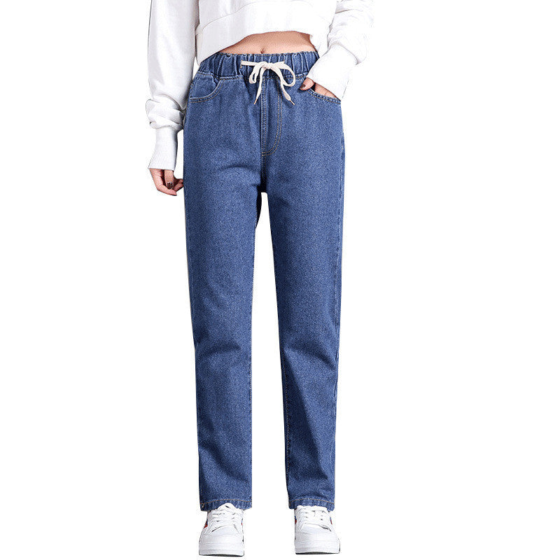 Korean Style Women's Straight Casual Elastic Waist Tied High Waist Student Jeans - D&A