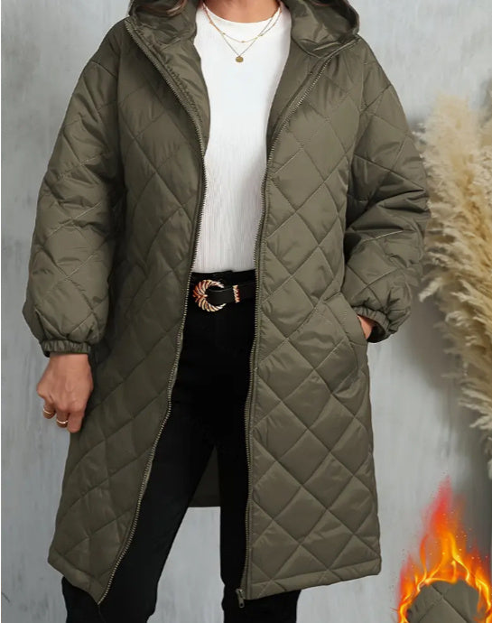 Elegant Hooded Zipper Cotton Jacket For Women Olive color - D&A