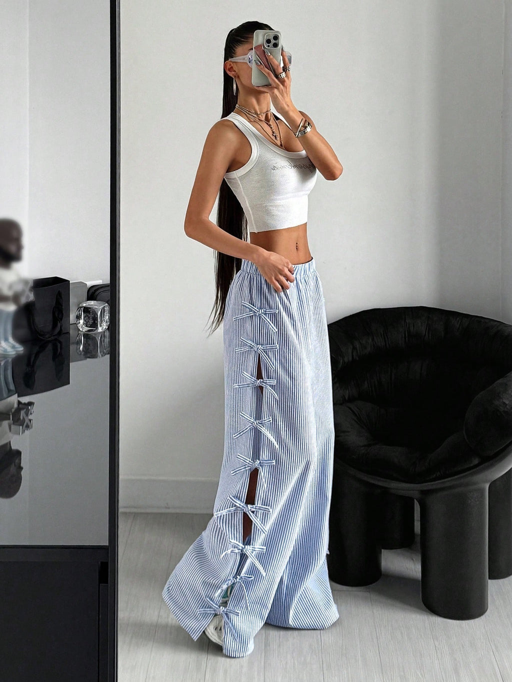 Waist Side Tie Bow Striped Wide Leg Pants - D&A