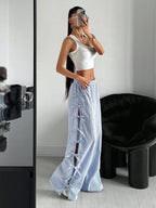 Waist Side Tie Bow Striped Wide Leg Pants - D&A