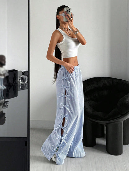 Waist Side Tie Bow Striped Wide Leg Pants - D&A