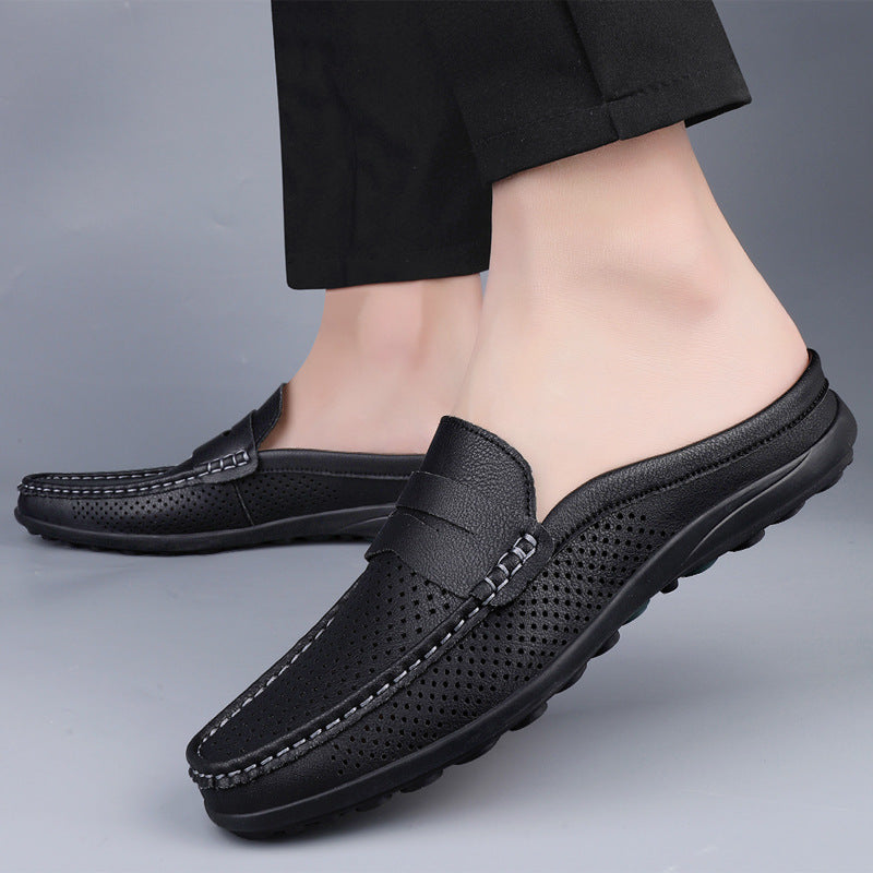 Casual Hollow Leather Shoes Breathable Half Slippers Black - D&A