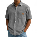 Versatile Leisure Corduroy Leather Sticker Pocket Short Sleeve Shirt - D&A