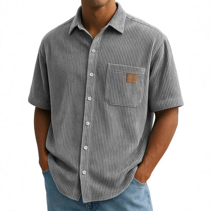 Versatile Leisure Corduroy Leather Sticker Pocket Short Sleeve Shirt - D&A