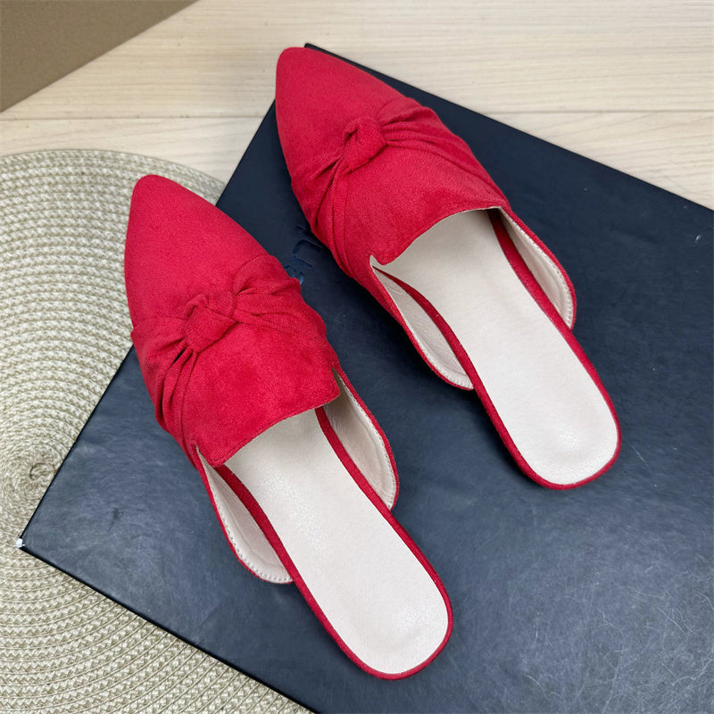 Bow Toe Korean Style Simple Pointed Flat Lazy Half Slippers Red - D&A