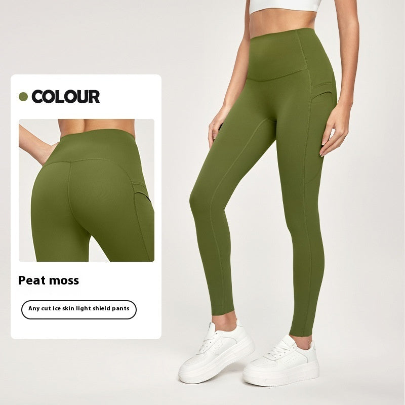 7A Antibacterial Cool Feeling Yoga Pants Outer Wear Pocket High Waist Hip Lift Sports Tights Peat Moss - D&A