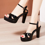Women's Chunky Heel Summer New Patent Leather Plus Size Platform Women's Shoes Black 10cm - D&A