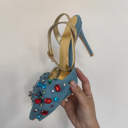 Bow Rhinestone Pointed Toe Closed Toe High Heel Plus Size Sandals - D&A