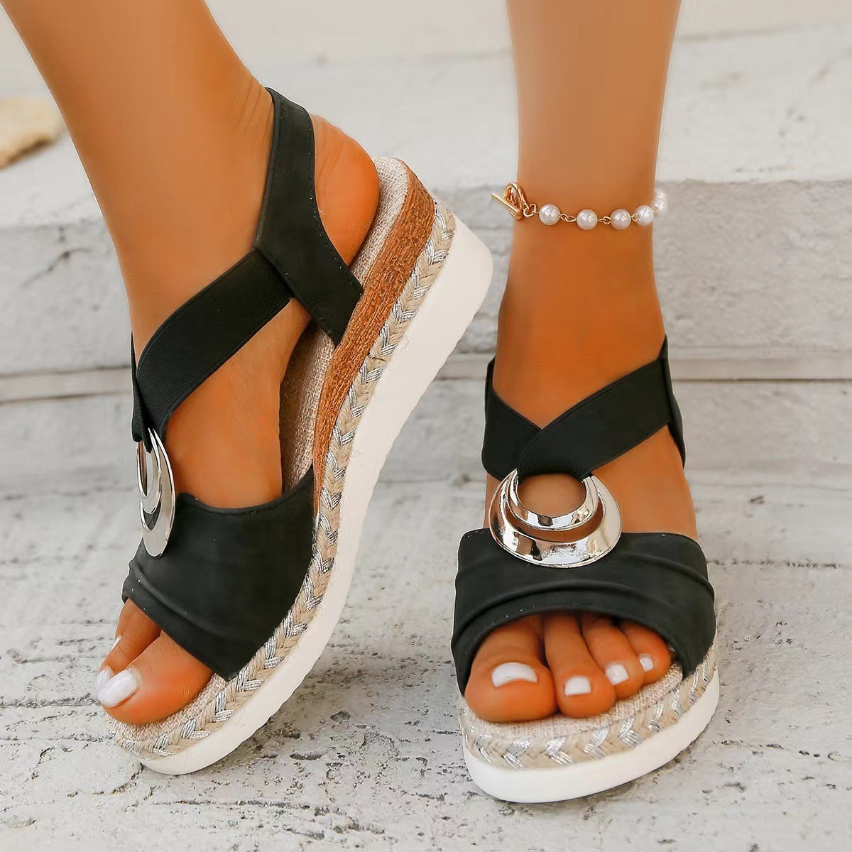 Plus Size Women's Metal Buckle Decorative Hemp Rope Wedge Light Bottom Peep Toe Sandals - D&A