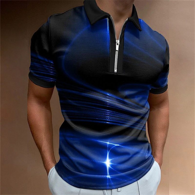 Men's Lapel Short Sleeve Zipper Polo Shirt Printing Blue - D&A