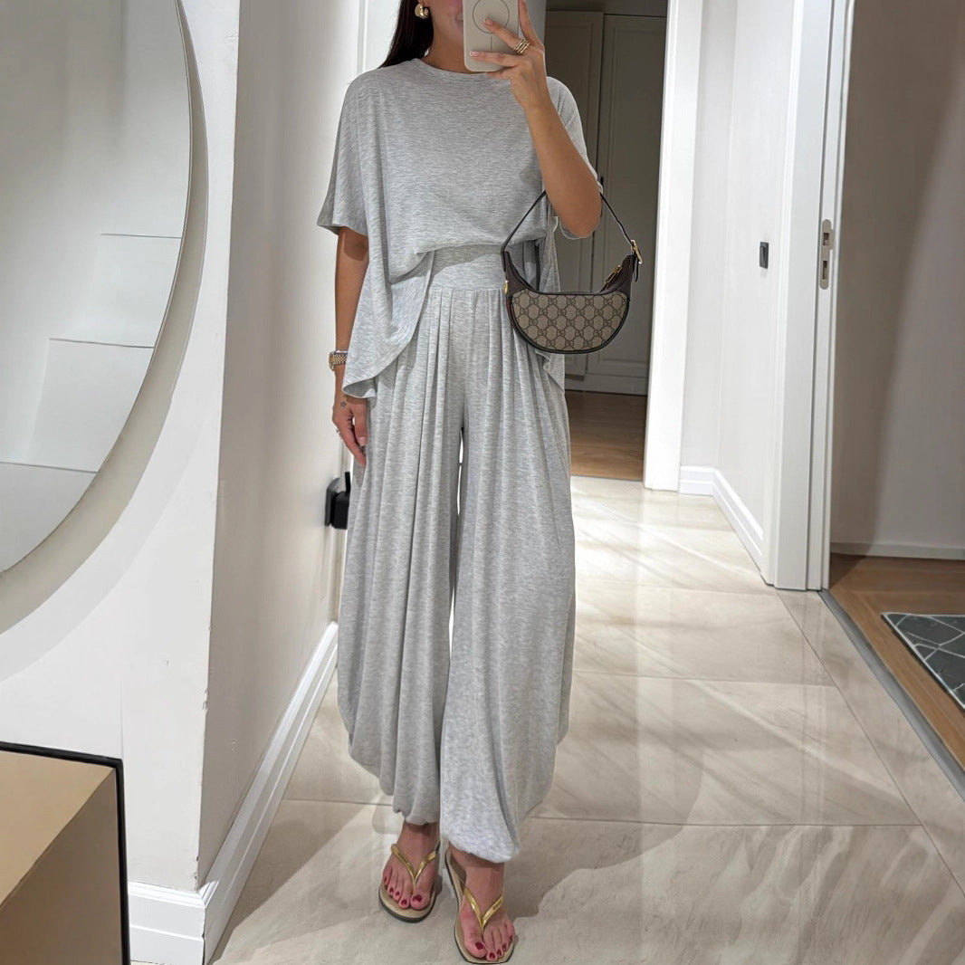 Casual Solid Color Loose Comfortable Wide-leg Pants Two-piece Women's Clothing - D&A