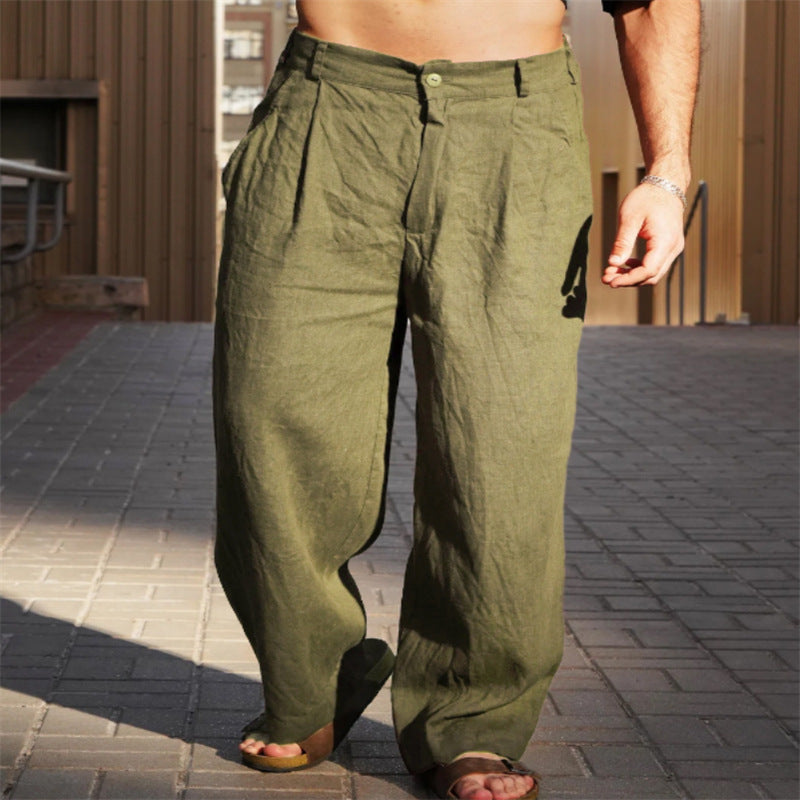 Men's Spring And Summer Linen Pleated Wide-leg Pants Mid-waist Breathable Olive - D&A