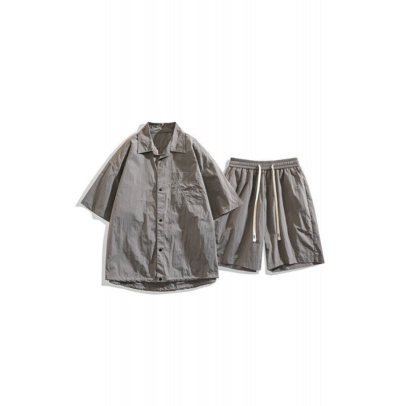 Men's Loose Shorts Casual Shirt Hemp Light Breathable Non-stick Two-piece Set Dark Gray - D&A