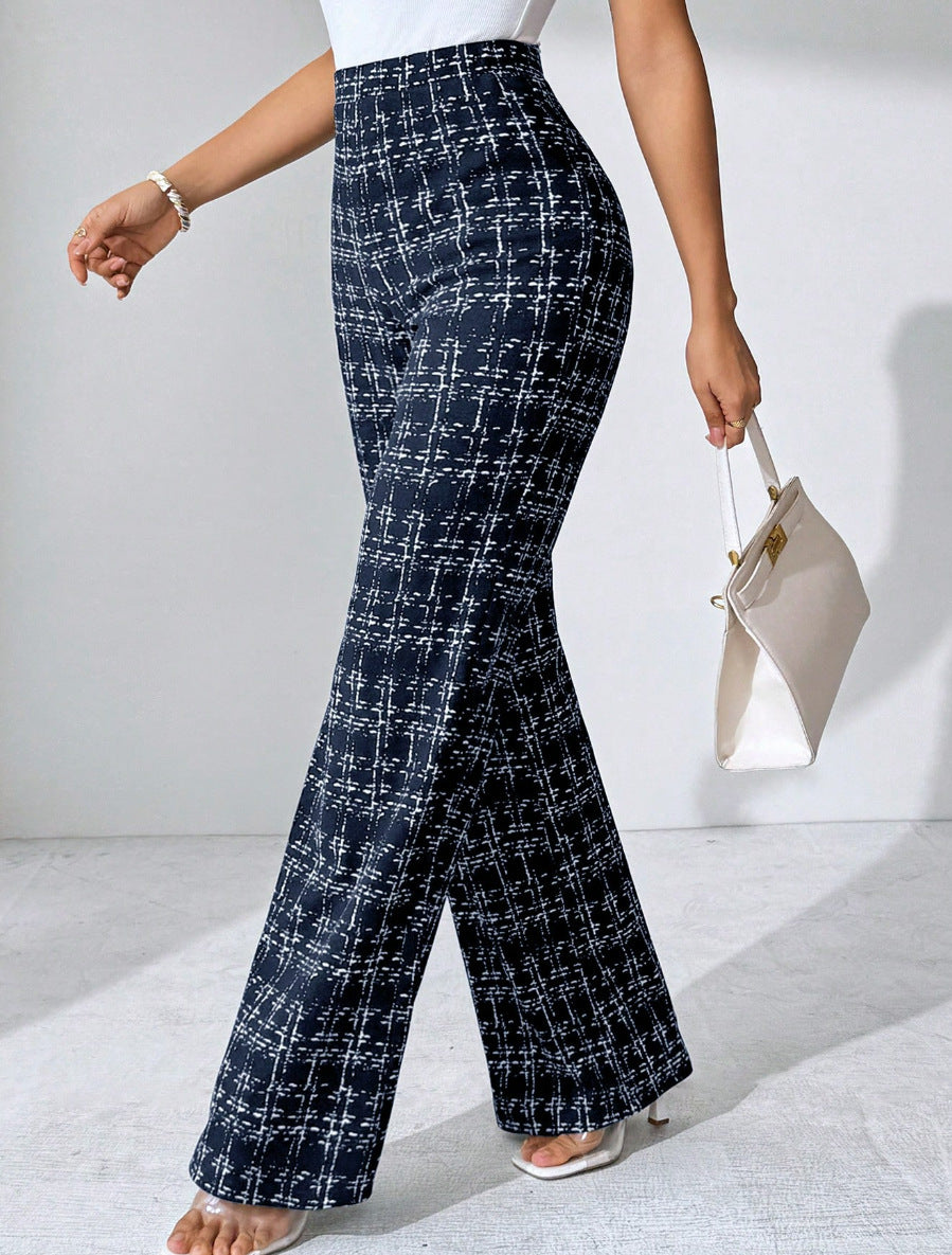 Women's Fashion Casual Plaid Printed Trousers Dark Blue - D&A
