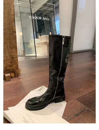 Washed Horse Leather Belt Buckle Thick Bottom Thigh High Boots Women Black - D&A