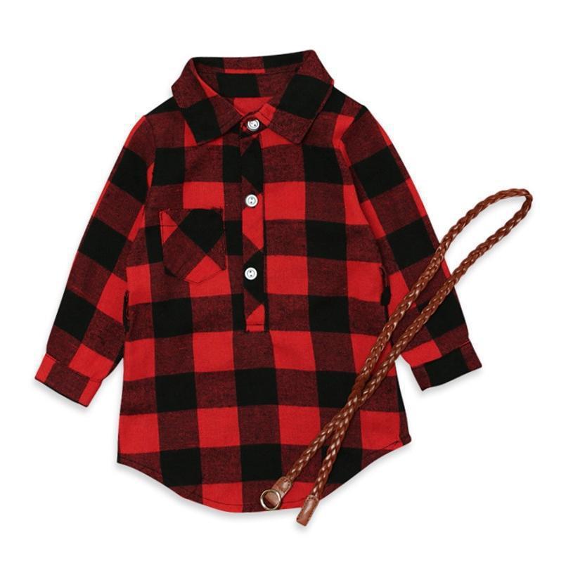Fashion Girls Long Red Plaid Dress With Belt - D&A