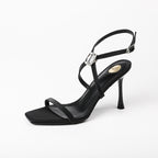 Square Toe Open Toe Rhinestones Strap High Heels Black Sandals - D&A