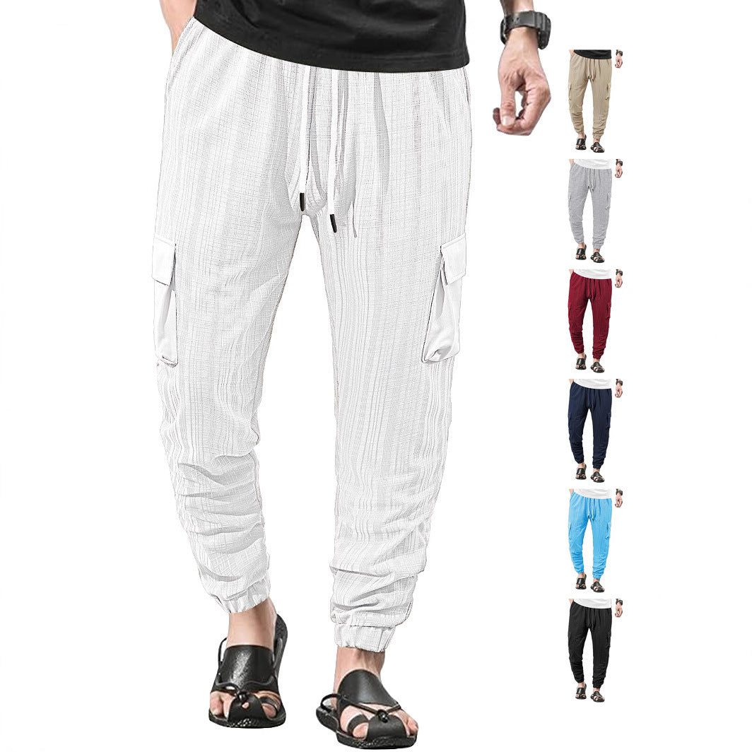 Loose Breathable Micro Elastic Lace-up Imitation Linen Plaid Men's Casual Pants Overalls - D&A