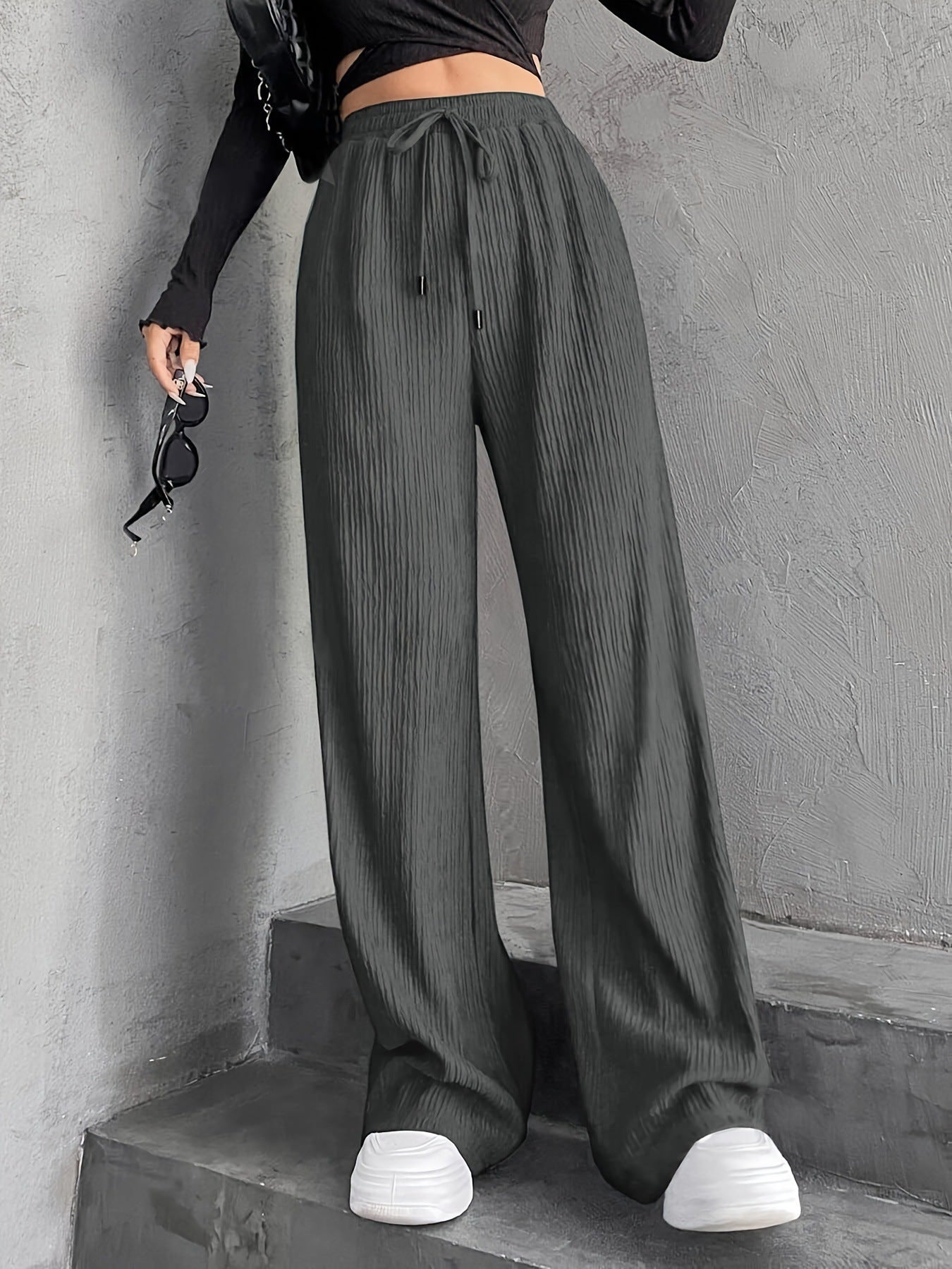 New Women's Elastic Waist Pinstripe Road Straight Wide Leg Gray - D&A