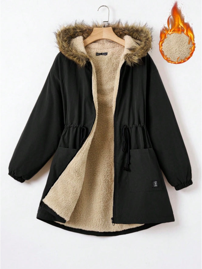 EZwear Drawstring Waist Fuzzy Trim Hooded Thermal Lined Drawstring Waist Coat Black - D&A