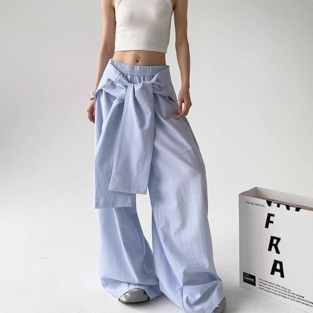 Lace-up Loose Straight Striped Wide-leg Pants Design Sense - D&A