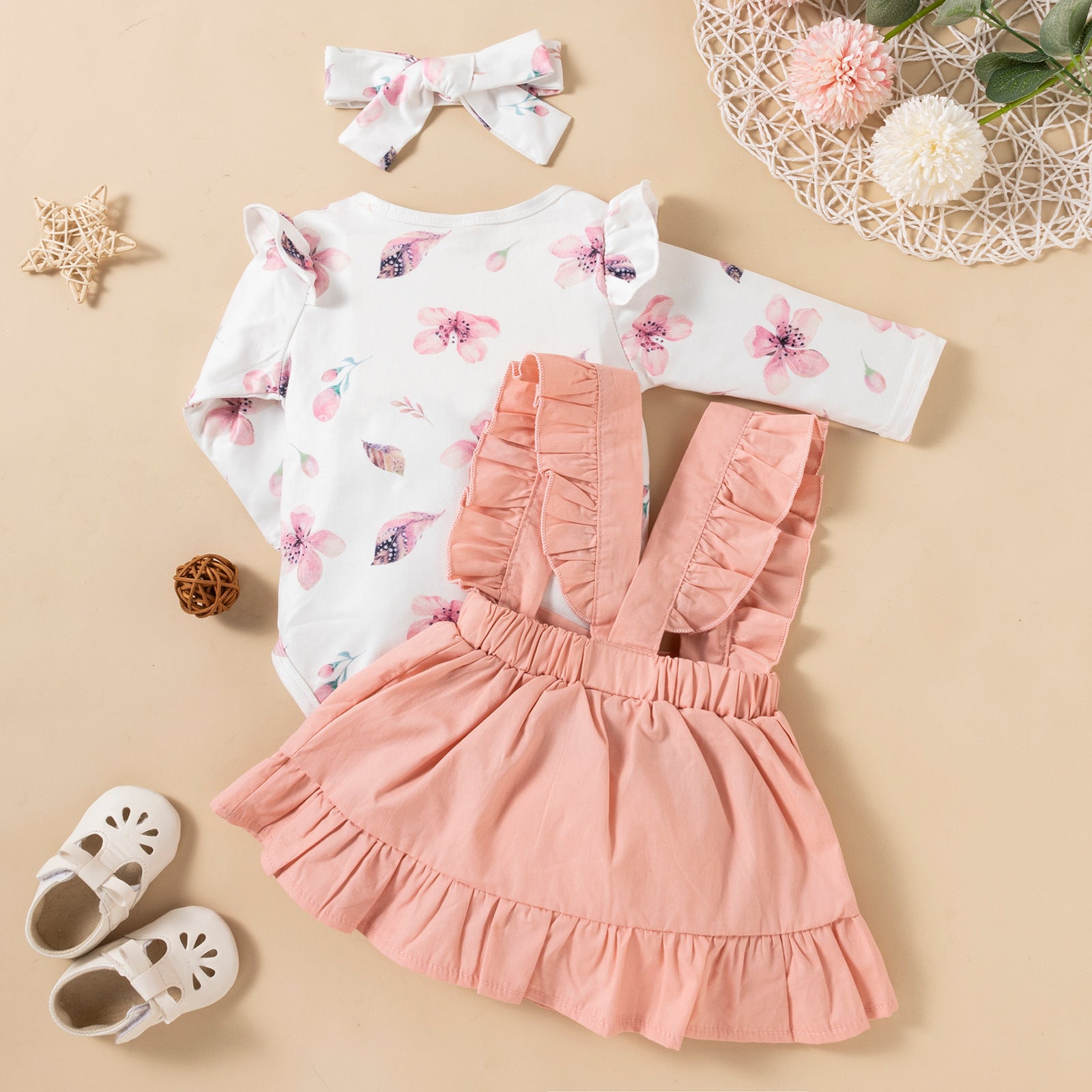 Printed Long-sleeved Baby Girl Romper Two-color Strap Ruffled Dress Headdress Three Pieces - D&A