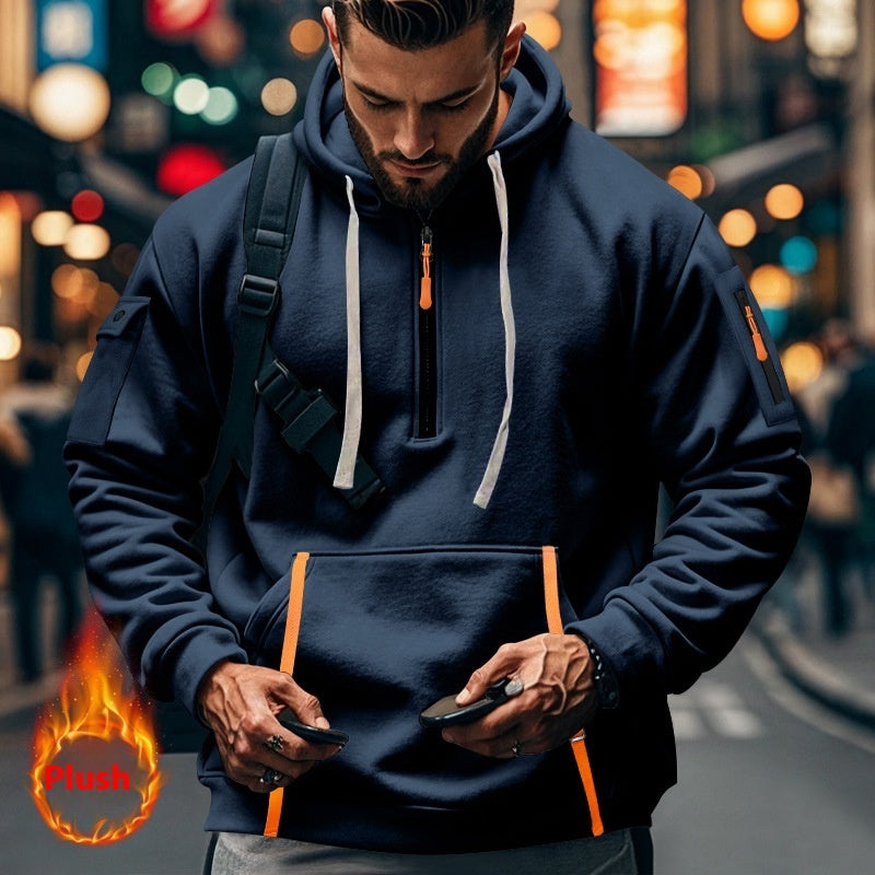 Men's Casual Multi-zipper Arm Pocket Sweatshirt Navy Blue - D&A
