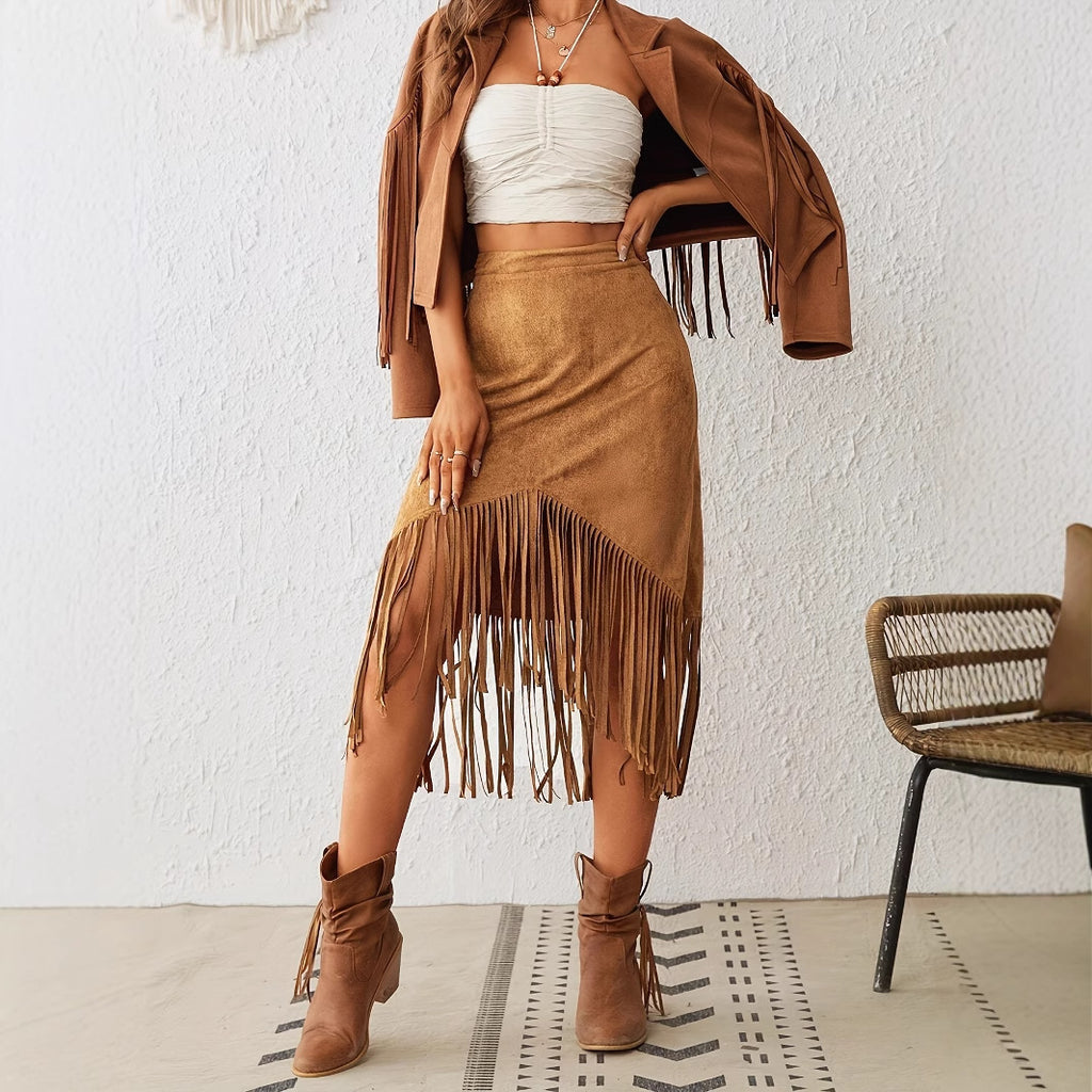 Women's Tassel Edge Asymmetrical Hem Solid Color Skirt - D&A