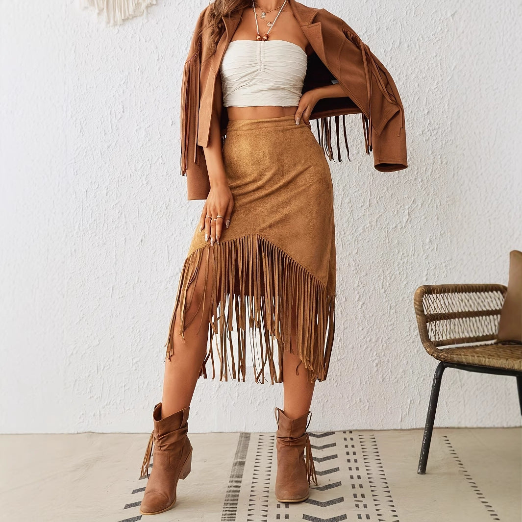 Women's Tassel Edge Asymmetrical Hem Solid Color Skirt - D&A