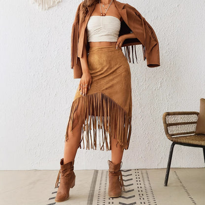 Women's Tassel Edge Asymmetrical Hem Solid Color Skirt - D&A
