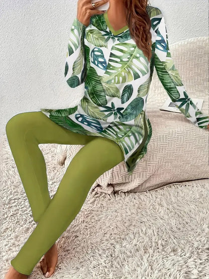 Women Vintage Fashion Floral V-neck Long Sleeve Leggings Printing Suit Figure 5 - D&A