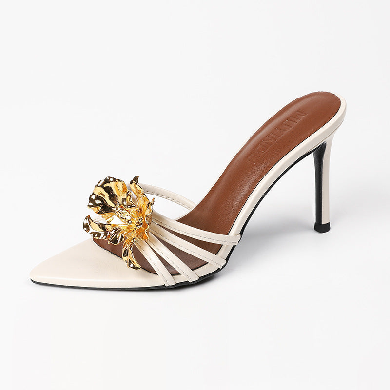 High Heels Women's Metal Flower Stiletto Open Toe Sandals - D&A