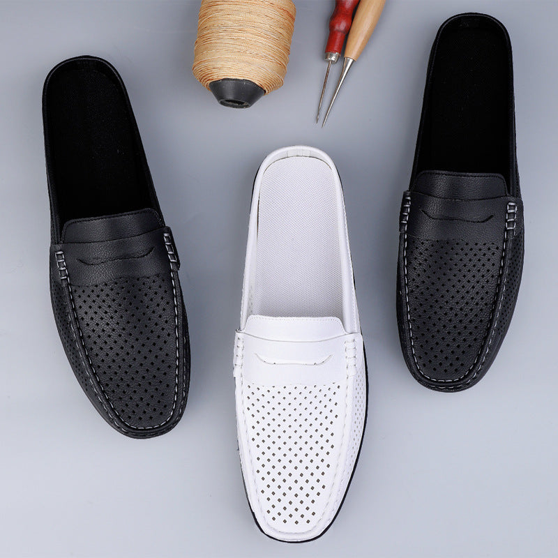 Casual Hollow Leather Shoes Breathable Half Slippers - D&A
