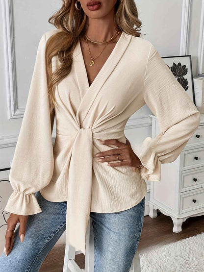 Women's Solid Color Elegant V-neck Long Sleeve Shirt Top