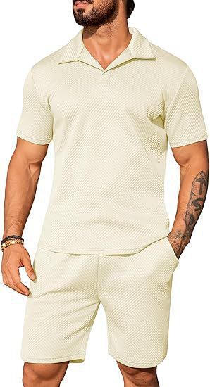 Men's Casual Solid Color Polo Short Oversleeves Khaki - D&A