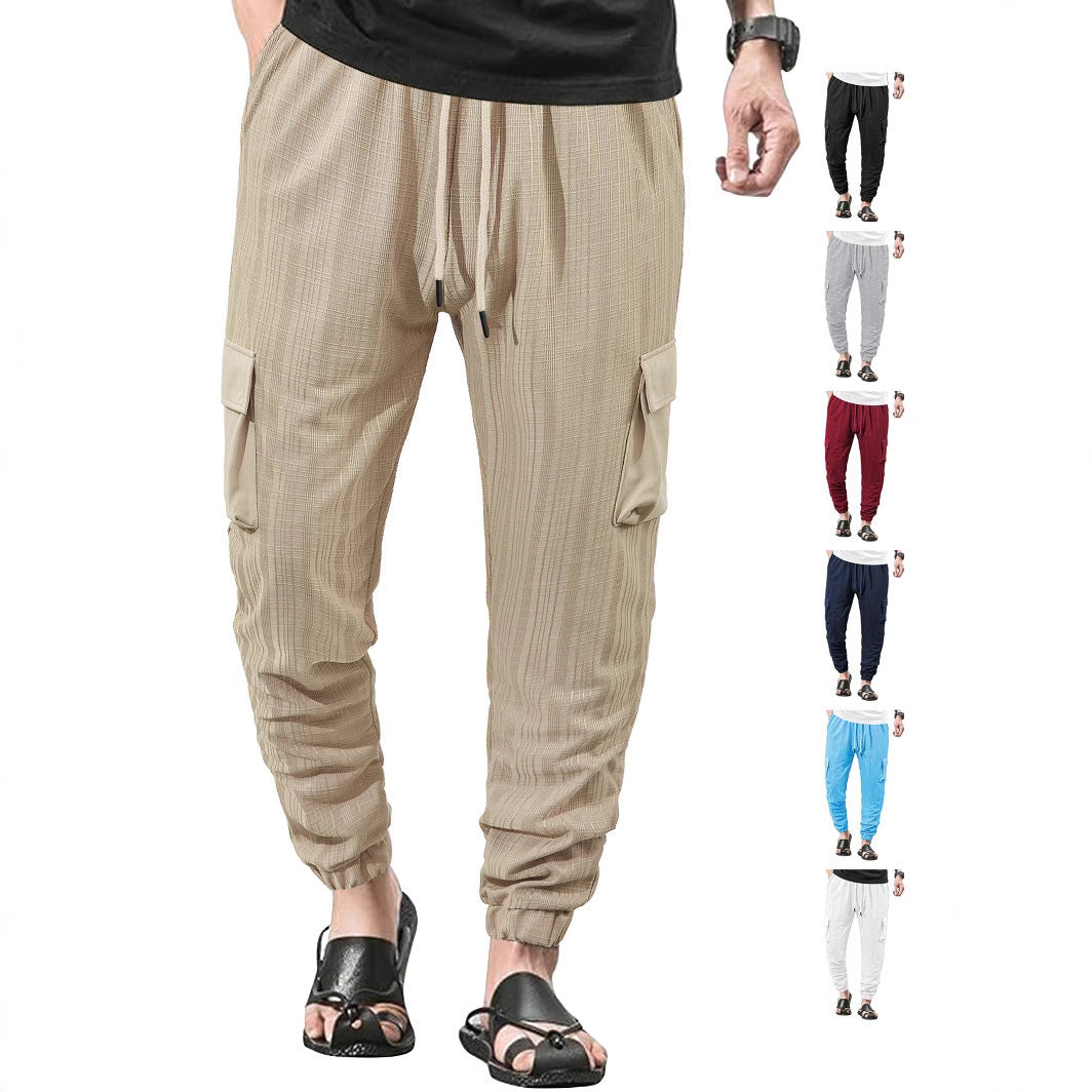 Loose Breathable Micro Elastic Lace-up Imitation Linen Plaid Men's Casual Pants Overalls - D&A
