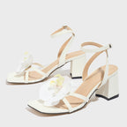 Women's Square Toe Three-dimensional Flower Solid Color Chunky Heel Sandals - D&A