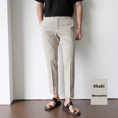 White For Men Cotton Fabric Cropped Linen Trousers Light Khaki Ankle Length Pants - D&A