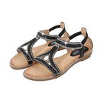 Bohemian Style Women's Shoes Hollow Out Flat Rhinestone Sandals Black - D&A