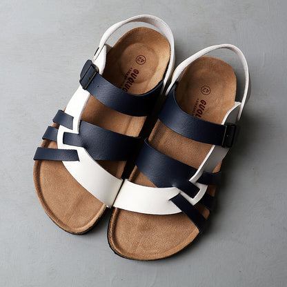 Men's Simple Hollow-out Flat Cork Slippers Blue And White - D&A