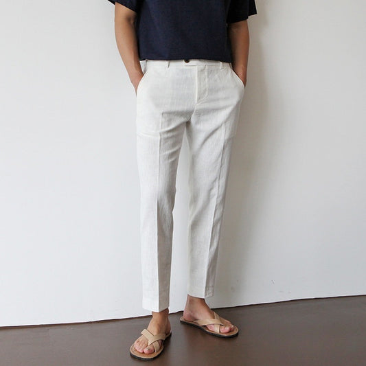 White For Men Cotton Fabric Cropped Linen Trousers - D&A