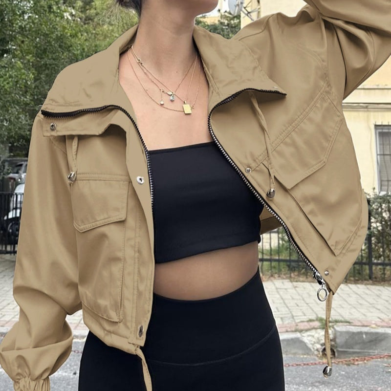 Solid Color Women's Short Jacket Zipper Trench Coat - D&A