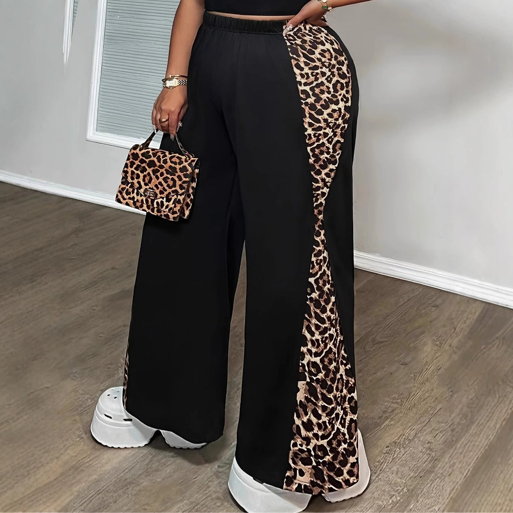 Black Loose Leopard Print Fashionable Wide-leg Pants Plus Size Women's Pants - D&A