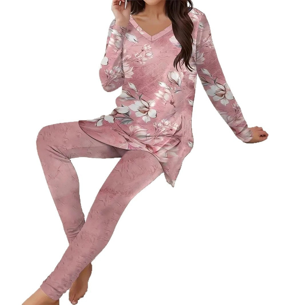 Women Vintage Fashion Floral V-neck Long Sleeve Leggings Printing Suit - D&A