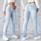 Women's Straight Leg Slim Fit Jeans, Fashionable And Simple Light Blue Pants - D&A