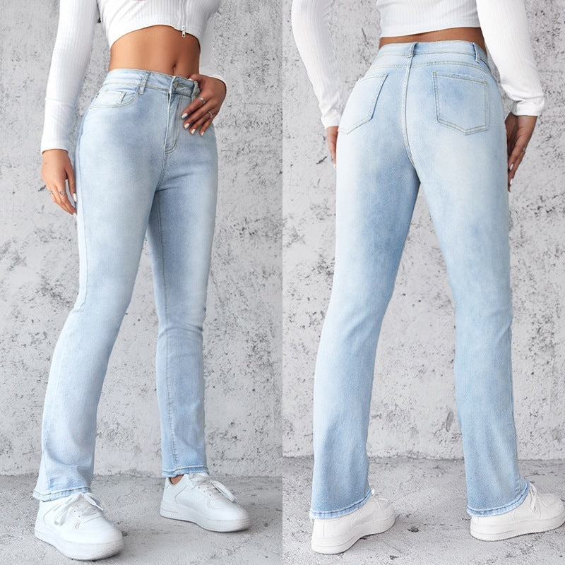 Women's Straight Leg Slim Fit Jeans, Fashionable And Simple Light Blue Pants - D&A