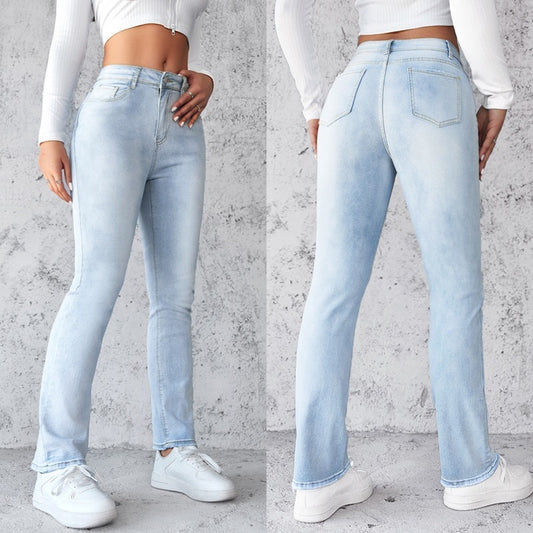 Women's Straight Leg Slim Fit Jeans, Fashionable And Simple Light Blue Pants - D&A