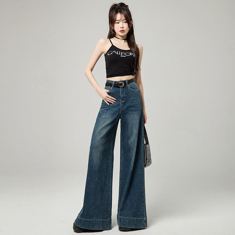 Dark Blue Narrow Version Korean Simple High Waist Loose Small Mop Wide Leg Pants - D&A