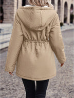 Drawstring Waist Hooded Plush Lined Parka Coat - D&A